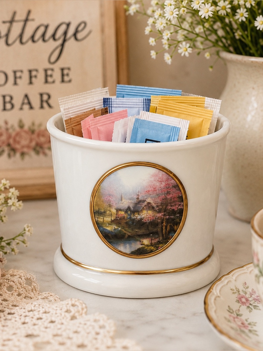 Coffee Bar Holder Vintage Cottagecore Spoons Sweetner Thomas Kinkade China
